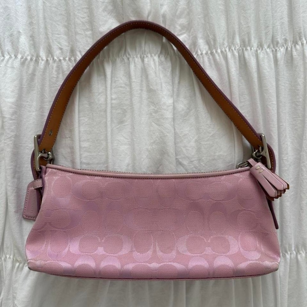 Y2K Vintage Coach Baby Pink Monogram Hampton Baguette Mini Shoulder Bag